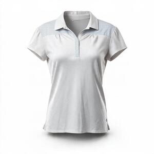 adidas Golf Puremotion Womens XL White Polo Shirt Blue Dot Trim Short Sleeve